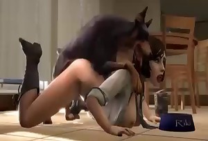 3D babe with large boobies having fun with a Doberman