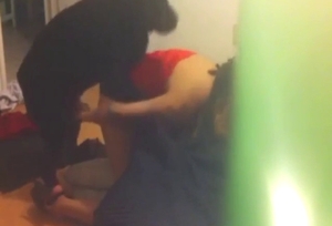 Brunette in red is getting fucked from behind too